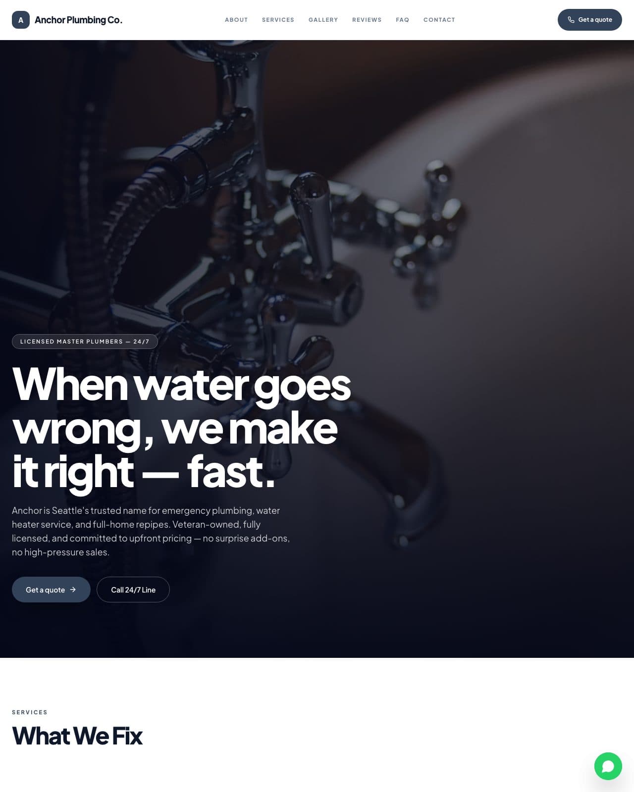 A plumbing company website built with ProfileToWeb, showing the navigation, headline, call-to-action buttons and services section